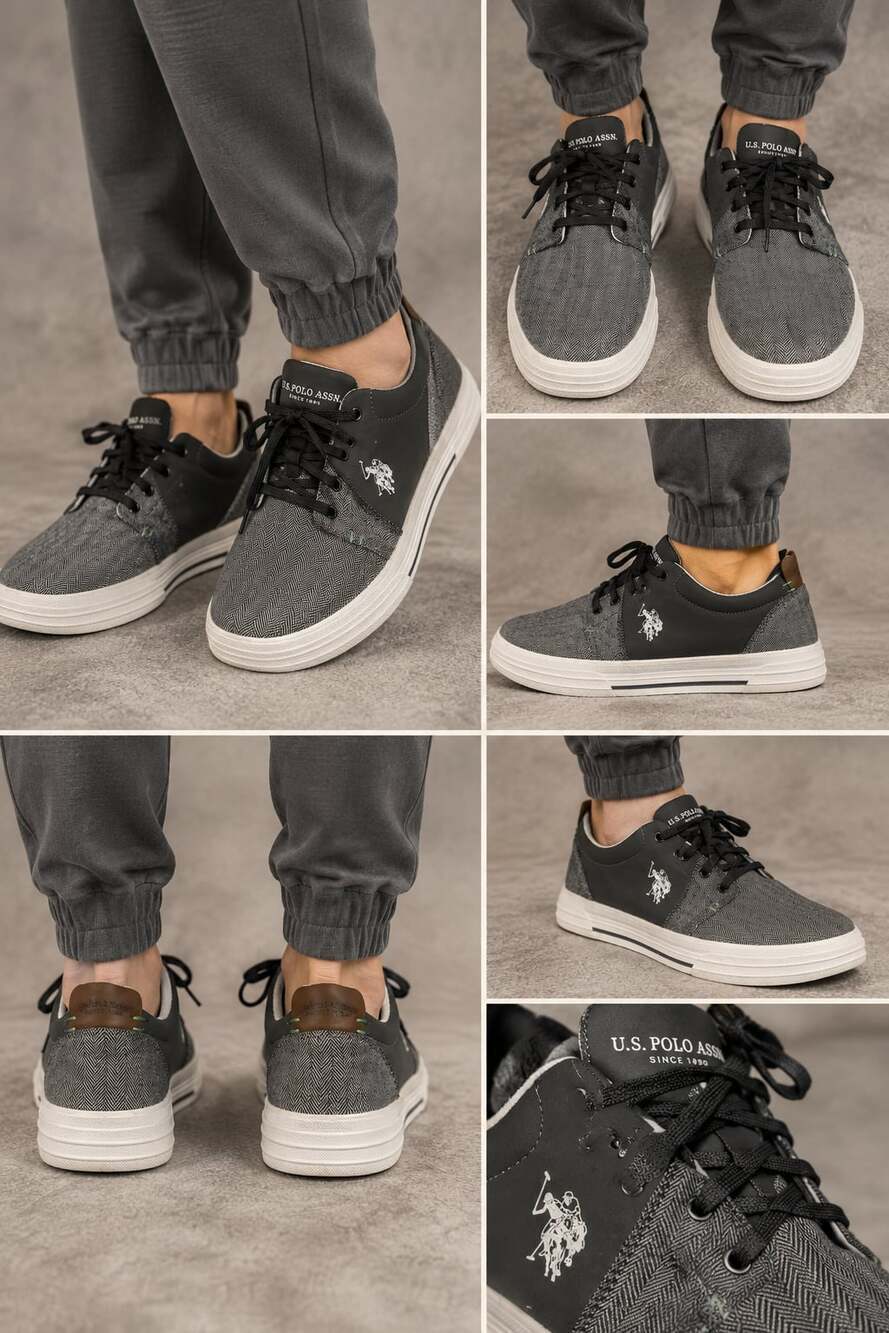 U.S. Polo Assn. Men's Casual Low-Top Sneakers, Black/Grey Herringbone Pattern